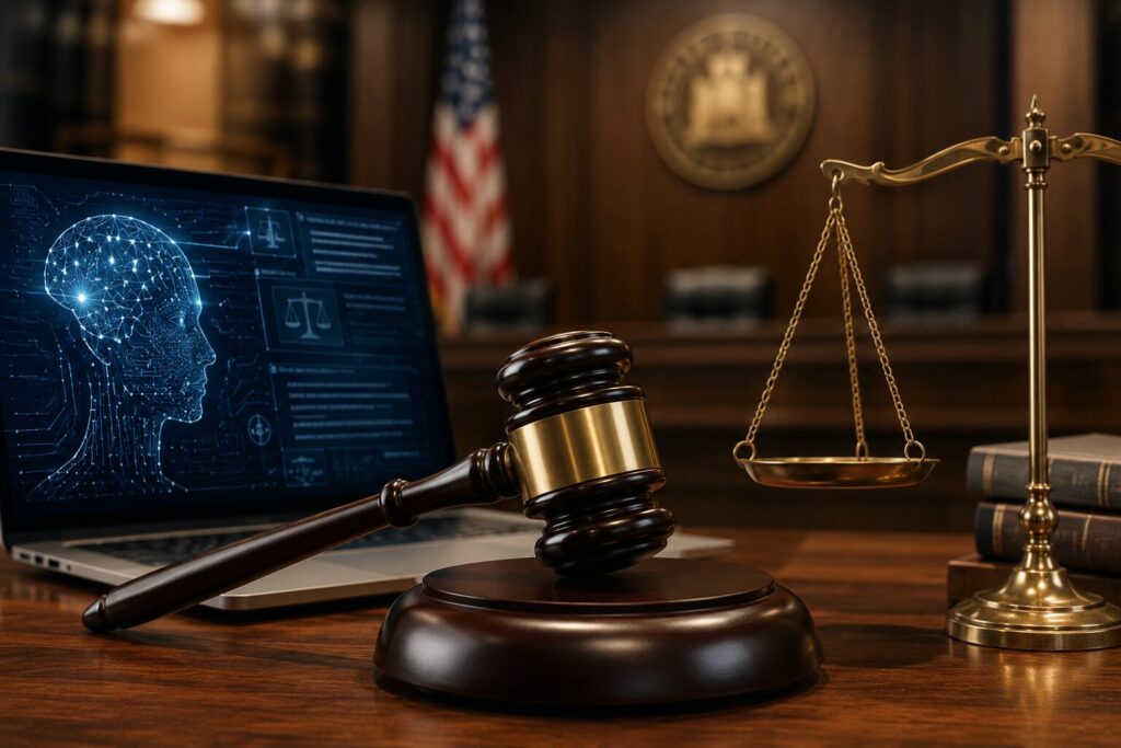 California courtroom with AI technology representing high-risk artificial intelligence in the state's criminal justice system.